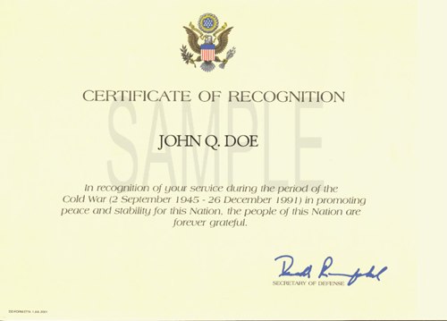 Cold War Recognition Certificate