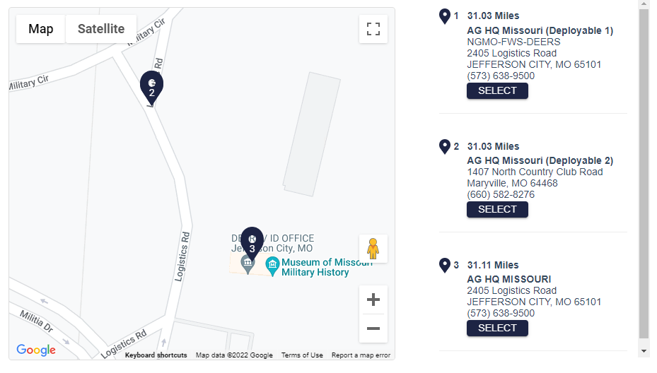 RAPIDS ID Card Office Locator & Appointments site address search results